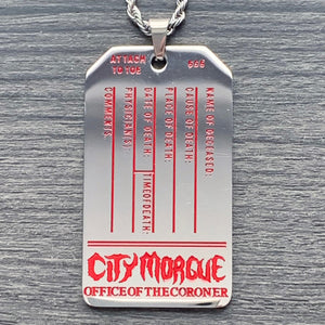 Red 'CITY MORGUE' Toe Tag Necklace