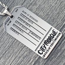 Load image into Gallery viewer, Black 'CITY MORGUE' Toe Tag Necklace