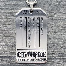 Load image into Gallery viewer, Black 'CITY MORGUE' Toe Tag Necklace