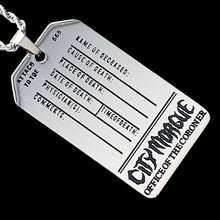 Load image into Gallery viewer, Black 'CITY MORGUE' Toe Tag Necklace
