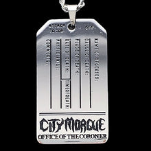 Load image into Gallery viewer, Black 'CITY MORGUE' Toe Tag Necklace